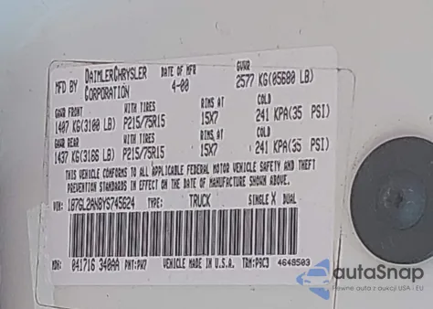 2000 Dodge Dakota Slt/Sport из США, поврежденный, VIN 1B7GL2AN8YS745624